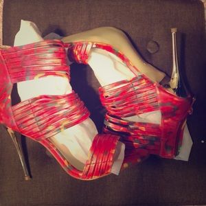 Red Open Toe Sandal with Gold Metallic Heel